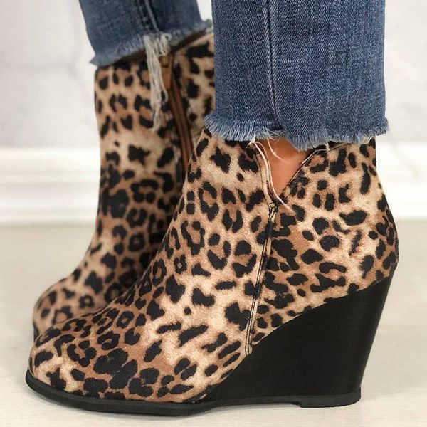 

boots women's shoes fashionable and elegant everyday all-match leopard print solid color suede high slope heel ankle 6kf361, Black