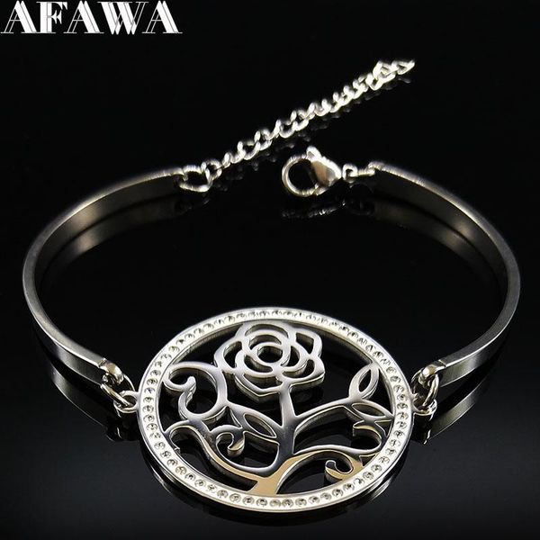 

link, chain 2021 fashion flower rose crystal stainless steel bangle bracelet for women silver color bangles jewelry bracelets femme b18331, Black