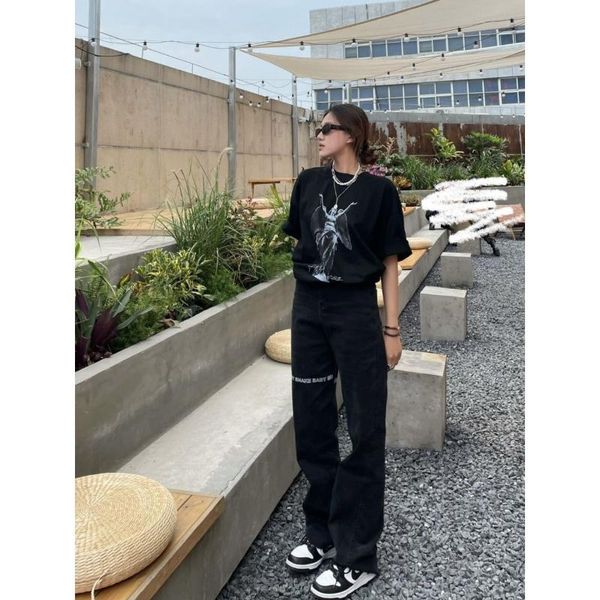 

women's jeans street fashion style high waist straight black letter printing wash pants versatile casual, Blue