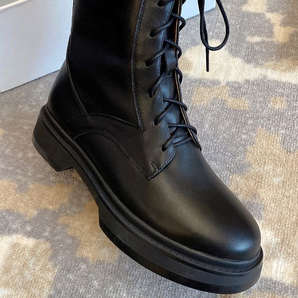 

Womens genuine leather lace-up martin boots thick sole platform flats Motorcycle boots round toe punk short booties soft shoesDress Shoes, Black