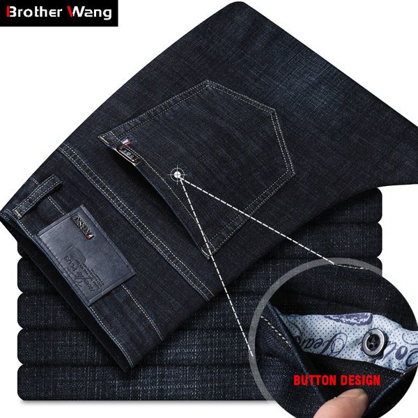 

men's loose straight jeans classic style business casual black blue stretch denim trousers male brand pants