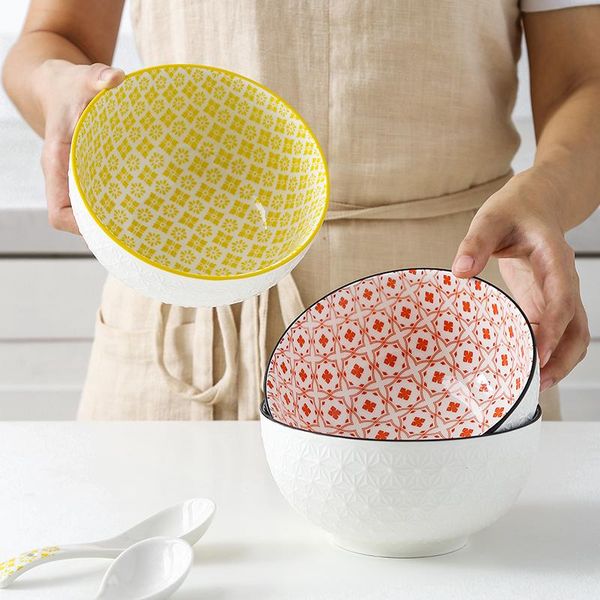 

bowls 8 inch ceramic bowl soup noodle rice porcelain tableware relief underglaze non-slip support oven dishwasher czy1009