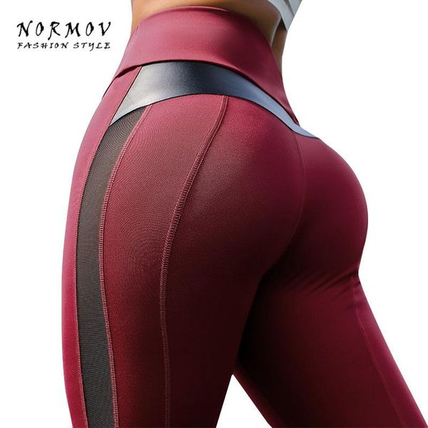 

women's leggings normov 2021 high waist fitness women for legging workout mesh and pu leather patchwork sportswear, Black