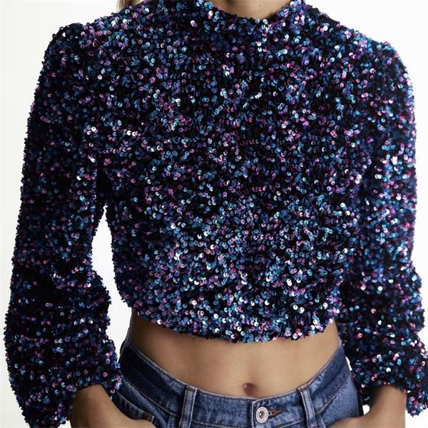 

women's blouses & shirts traf women 2021 fashion sequins shiny short vintage o neck puff sleeve party club female mujer streetwear, White