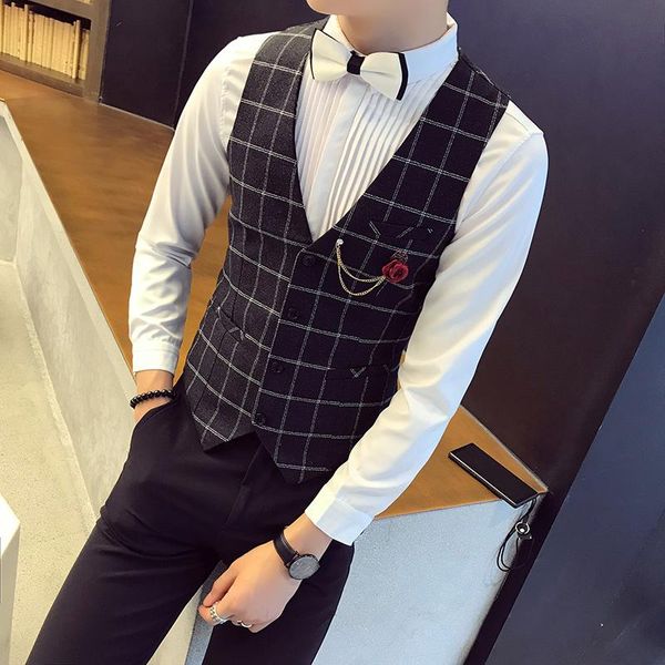 

men's vests autumn and winter plaid suit fashion business wedding banquet groom dress vest size s-5xl slim elegant men, Black;white