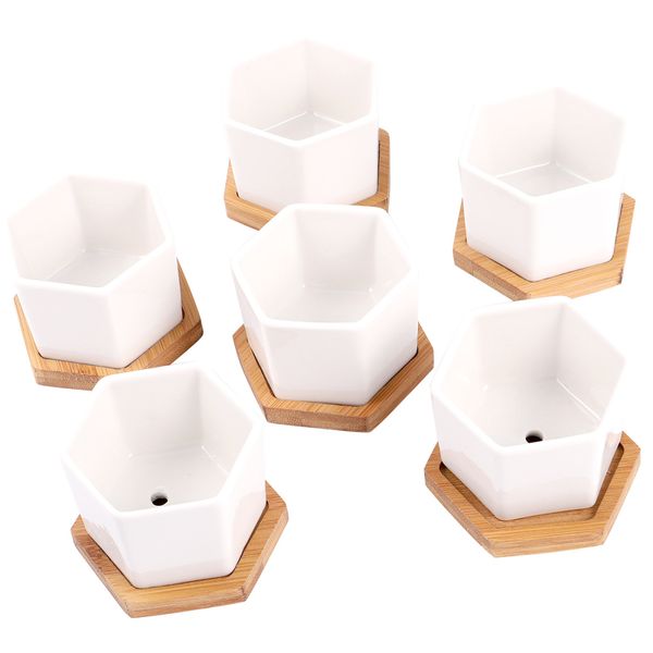 

12pcs in 1 set succulent plant pots mini succulent planter ceramic flower planter pot with bamboo trays (6 pots and 6 trays)