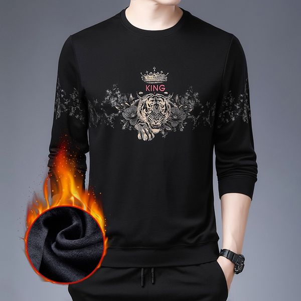 

winter new plush sweater fashion casual men's wear korean round neck printed long sve t-shirt, Black
