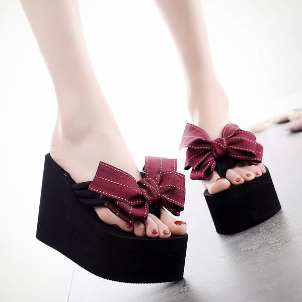 

slippers big bow knot women beach flip flops 11cm ladies super high heels soft eva summer shoes woman fashion slides girls sandals, Black