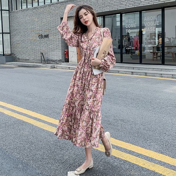 

new arrival fashion beach women elegant autumn v-neck long sleeve sweet temperament office lady young floral a-line dress q27q, White;black