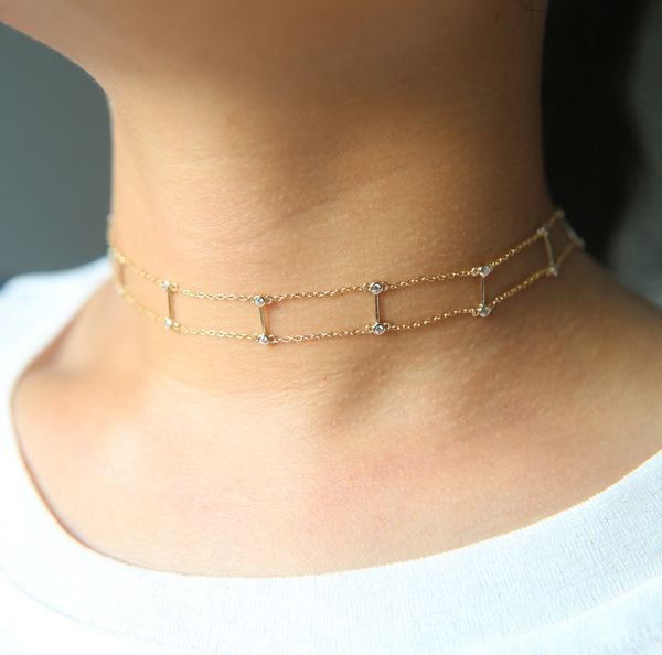 

guarantee 100% chain gold 18k chocker elegant double short chain link choker sterling silver plated 925 bar necklace wskkj