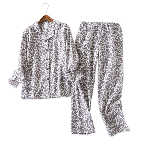 

vintage leopard pajamas sets women 100% brushed cotton winter sleepwear women fashion flannelette pyjamas for women 210305, Black;red