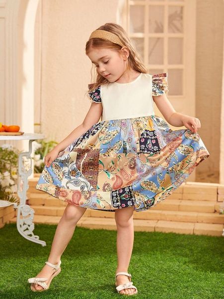 

toddler girls patchwork print flutter sleeve dress she, Red;yellow