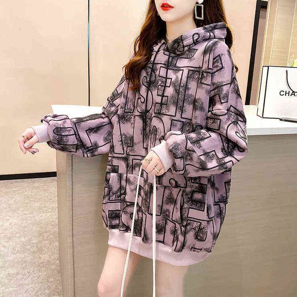 

women's hoodi sweatshirts autumn and winter 2022 korean loose large letter printing medium and long thickened plush drawstring hoodie f, Black