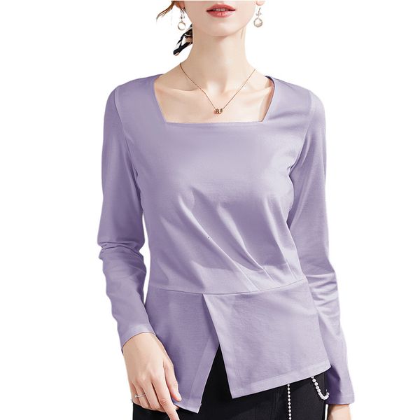 

women's t-shirt female shirt with a square collar, long sleeve shirt, korean fashion, for autumn, casual, elegant, solid color czn6, White