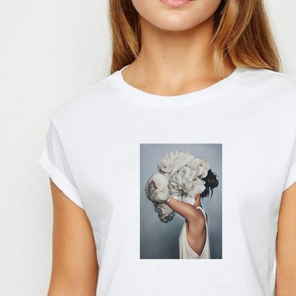 

new t shirt women feather flower girl tshirt ropa mujer spring summer ulzzang prevalent casual round collar t shirts, White