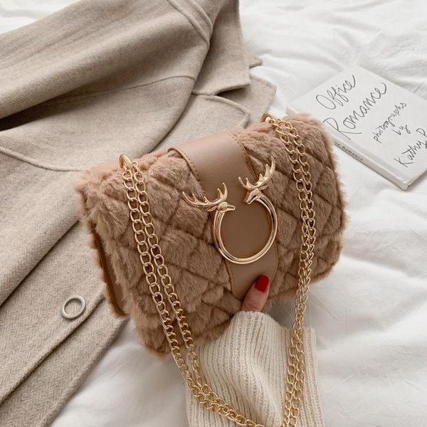 

evening bags small female fashion all-match chain bag lamb fur plush shoulder western style messenger with golden antler decoration