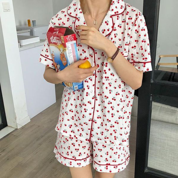 

women pajamas home pijama mujer two-piece suit summer trousers suits sweet loose sleepwear print 2021 new cotton polyester short, Black;red