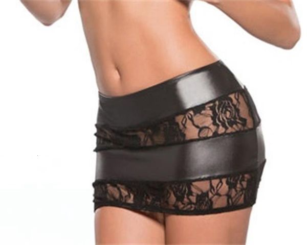 

2021 new women soft pu leather lace low waist slim hip pencil pole dance bodycon midi skirt clubwear micro mini skirts xl7f, Black