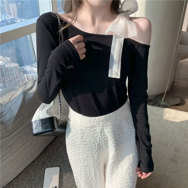 

2021 spring new design slim bowknot shoulder strap solid full t-shirt women 3s7e, White
