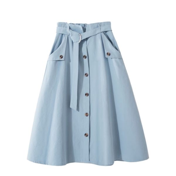 

summer new lace up cotton solid mid skirt for womens high waist single-breasted a-line skirt women black high waist skirt femme 210309