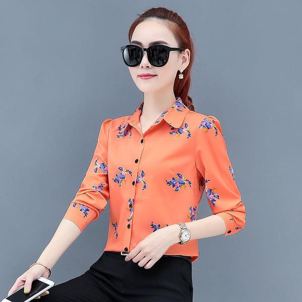 

women's blouses & shirts 2021 spring women casual slim button ladies fashion chiffon turn-down collar large size long sleeve s67, White