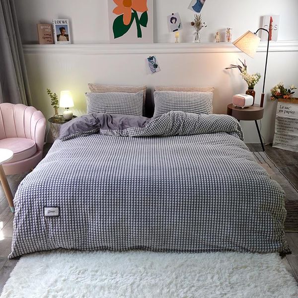 

bedding sets warm plush fleece set thick soft plaids flannel coral duvet cover pillowcase a/b solid color winter bedspread king