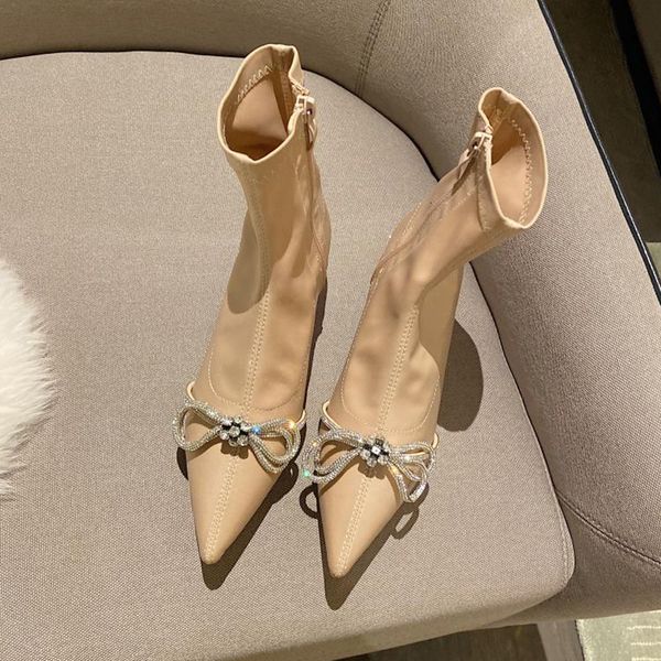 

2021 fashion ankle women low heels stretch socks boots autumn new bowtie string bead pointed toe shoes 9euk, Black