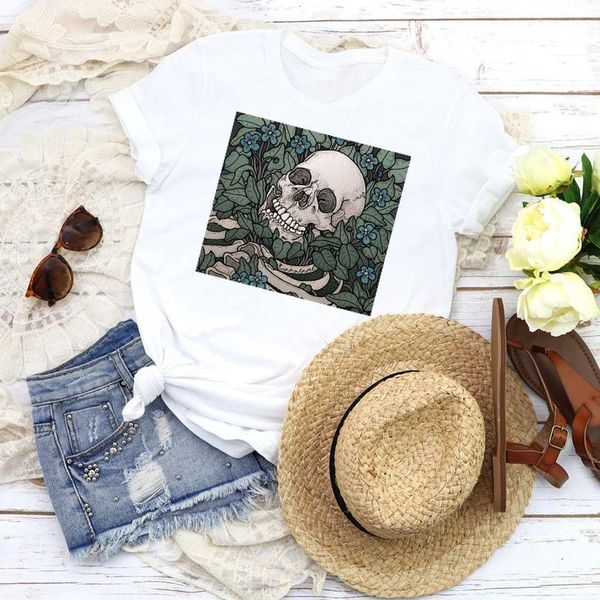 

women graphic skull fashion floral horror cartoon printed 90s print female t shirt shirt tees clothing womens t-shirt, White