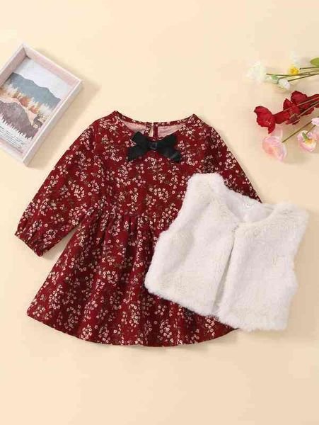 

baby ditsy floral bow front dress & teddy vest coat she, Red;yellow