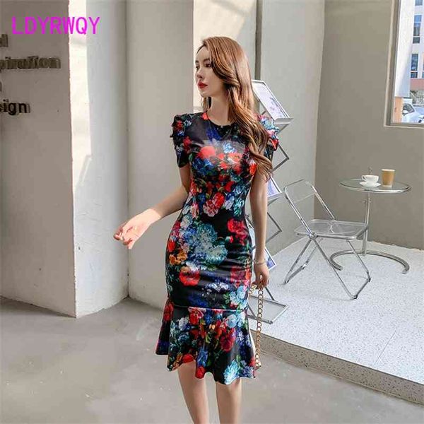 

ldyrwqy summer short-sleeved printed fishtail bag hip dress female slim zippers office lady knee-length 210603, Black;gray