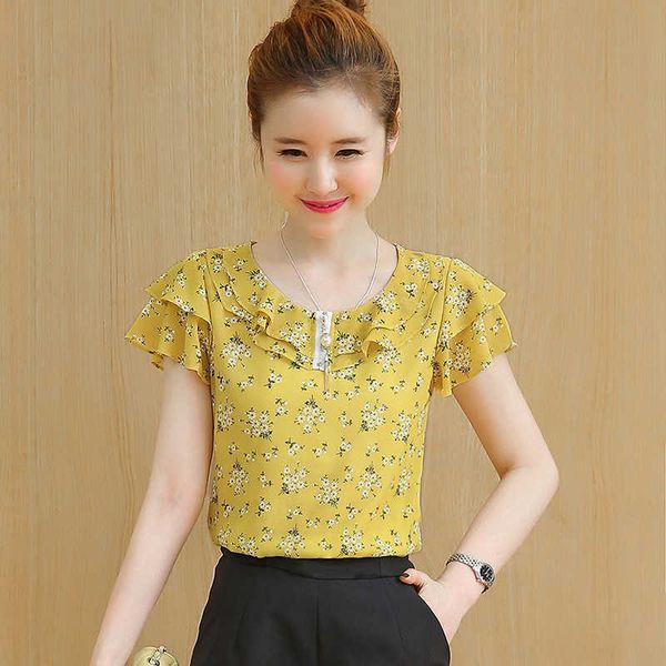 

women spring summer style chiffon blouses shirts lady brand casual short ruffles sleeve o-neck flower printed blusas df3730 210609, White
