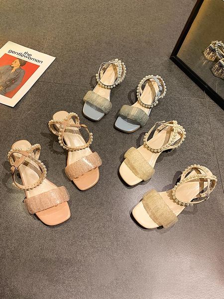 

sandals women's shoes summer 2021 fashion gentle pearl crystal heel non-slip mid-heel for women, Black