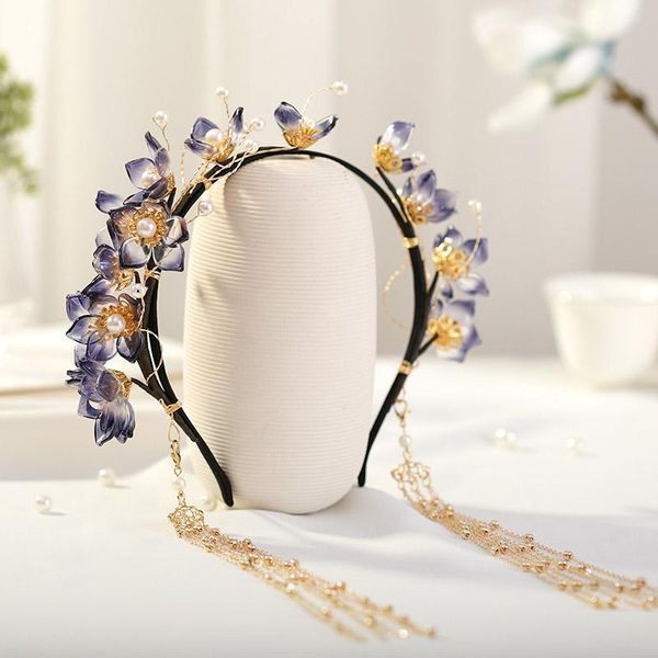 

other getnoivas handmade dark blue flowers headband long tassel hair band bride women wedding jewelry accessories, Golden;white