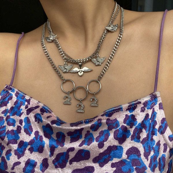 

jewelry style, hip-hop fashion, geometric full diamond digital women's multi-layer necklace, Silver
