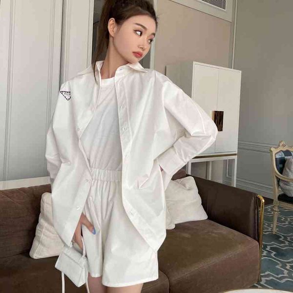 

2022 factory wholesale new model p family printing fashion suit women's 21 summer loose and versatile long sleeve shirt elastic waist s, White