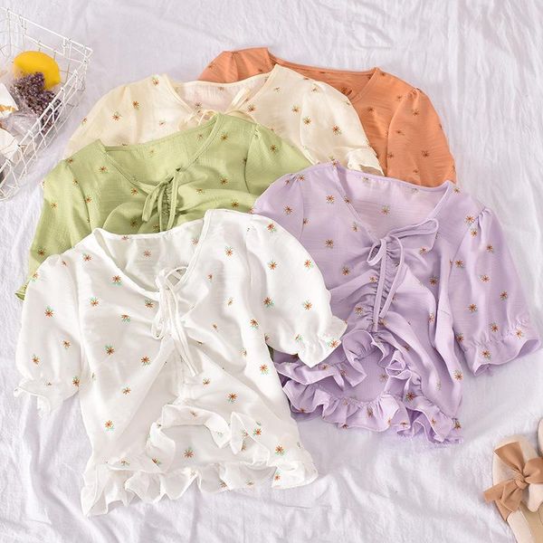 

summer blouses women's simple short sleeve v-neck printing sleeve drawstring pleated blouse exposed navel shirt 2021 new white