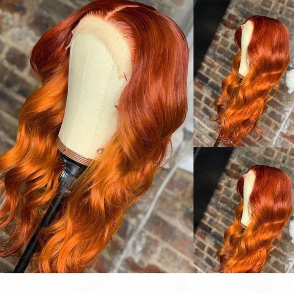 

ombre colored ginger orange human hair wig bleach knots remy brazilian body wave hd transparent lace part wig 250, Black;brown