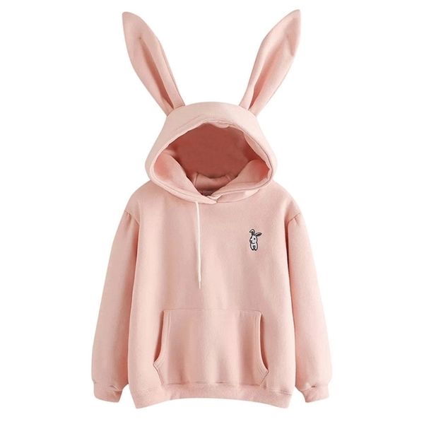 QRWR Herbst Winter Frauen Hoodies Kawaii Kaninchen Ohren Mode Hoody Casual Einfarbig Warme Sweatshirt Für 211013