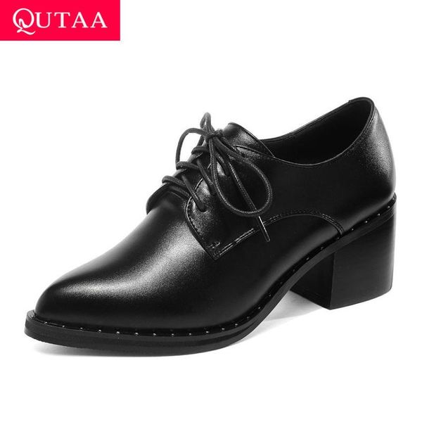 

dress shoes qutaa 2021 square heel pointed toe casual women single spring autumn pu leather lace up classic ladies pumps size 34-43, Black