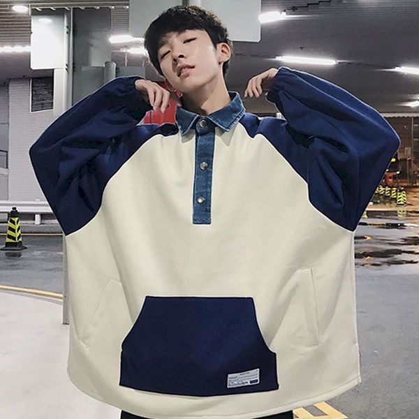 

sweatshirt men oversized hit color stitching loose hedging college wind lapel autumn coat bf wind harajuku goth clothes grunge, Black