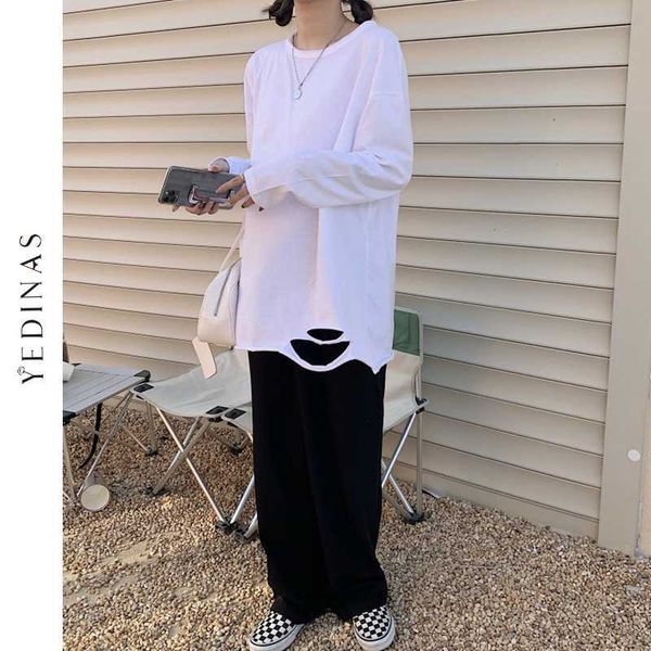 Yedinas T-shirt a maniche lunghe hip-hop con buco strappato T-shirt oversize cava da donna stile coreano vintage con fondo bianco 210527