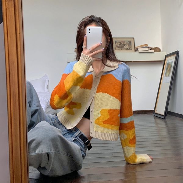 

retro sunset oil painting knit sweater autumn new women's thin lapel long-sleeved thin cardigan slim 210218, White;black