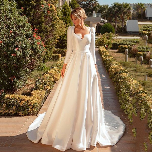 Abiti da sposa moderni Africa gardne Nuovo 2022 Abito da sposa principessa in raso a maniche lunghe Abito da sposa senza schienale con scollo a barchetta