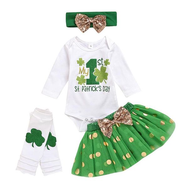 

clothing sets 0-18m baby girl st. patrick's day green shamrock print toddler girls long sleeve rompers mesh tutu skirt, White