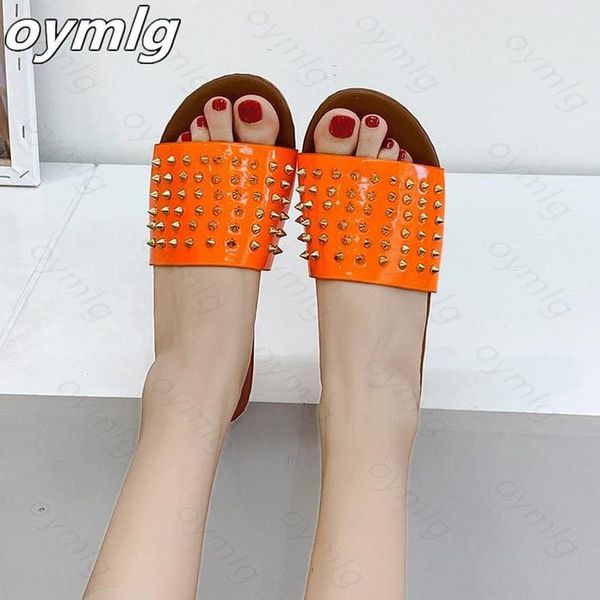 

women rivet slippers flat casual ladies slides open toe outside metal decoration soft beach shoes summer female footwear hot, Black