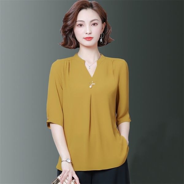 

5xl oversize women spring summer style chiffon blouses shirts lady casual half sleeve v-neck loose style blusas df2867 210225, White