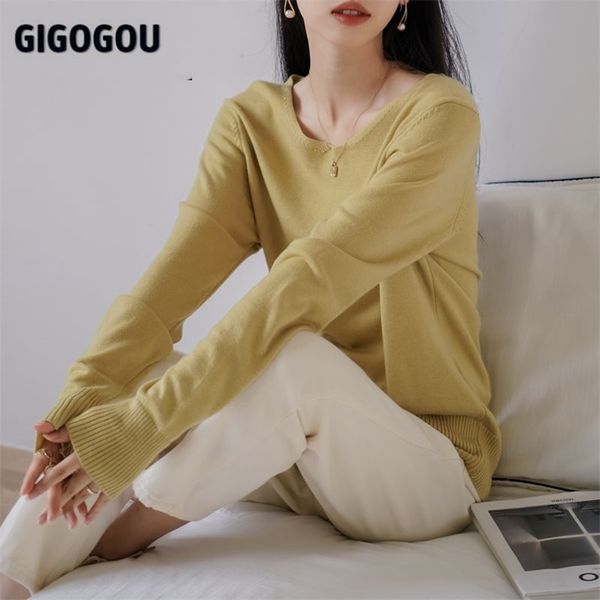 GIGOGOU Y2K Kaschmirpullover Wollpullover Top Solide V-Ausschnitt Weiblich Pullover Lässig Lose Übergroße Winter Weihnachtspullover 210922