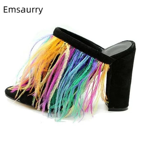 

sandals colorful feather decor runway mules lady luxury suede chunky heel open toe slingbacks women summer, Black