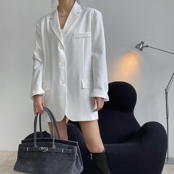 

women's suits & blazers spring and autumn casual solid color single-breasted pocket decoration loose long jacket, White;black