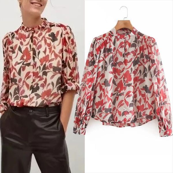 

za fashion print elegant womens blouses o neck long sleeve womans autumn crop top, White